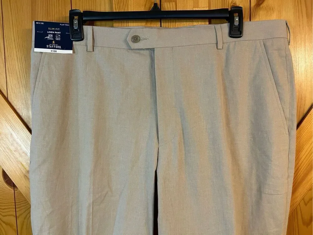 Stafford Slim Fit Linen Blend Flat Front Pants, Men's Size 40x32 NWT (0194)